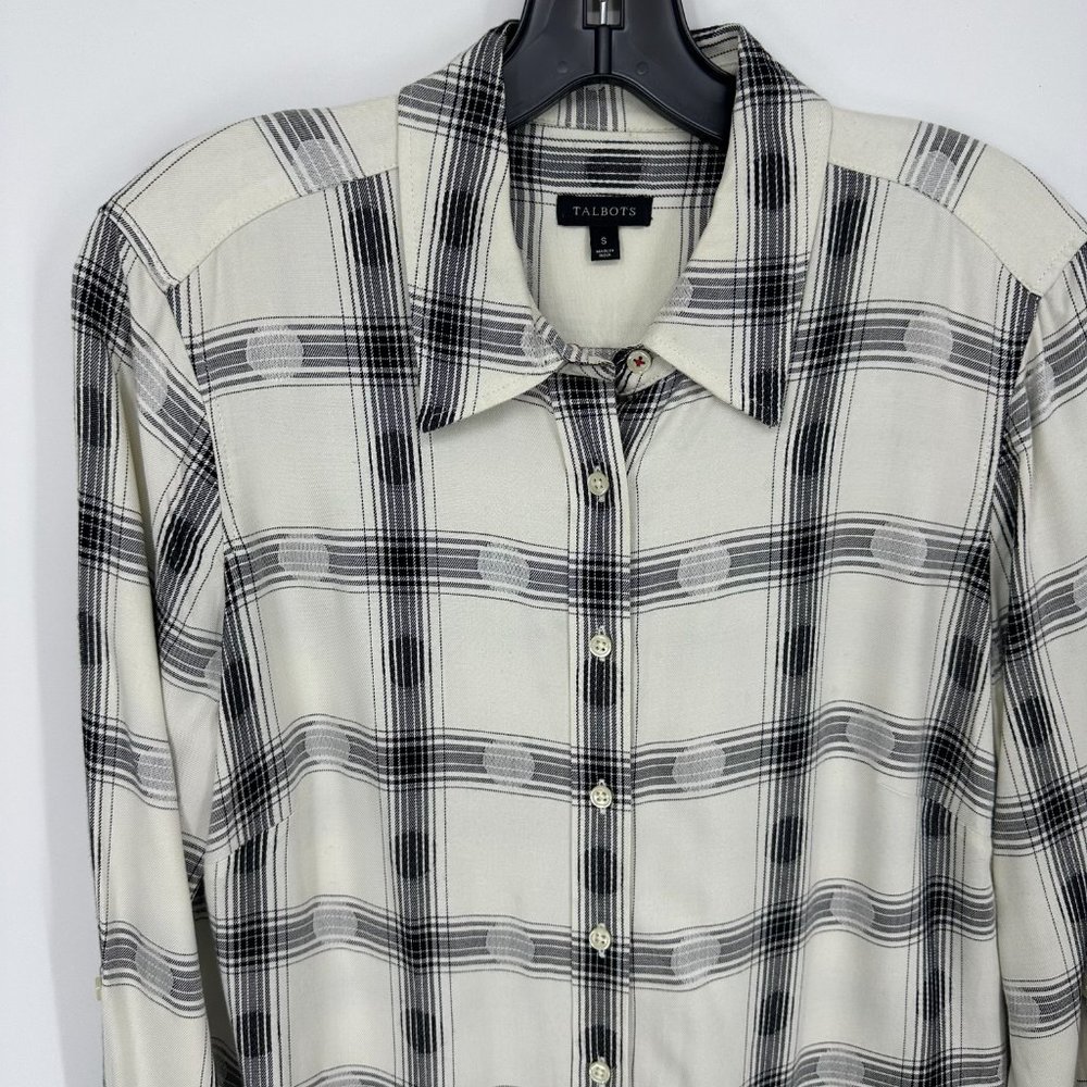 Talbots Plaid Button Down Shirt Top S Long Tunic Length Rayon Cream Black Dots - Picture 4 of 7
